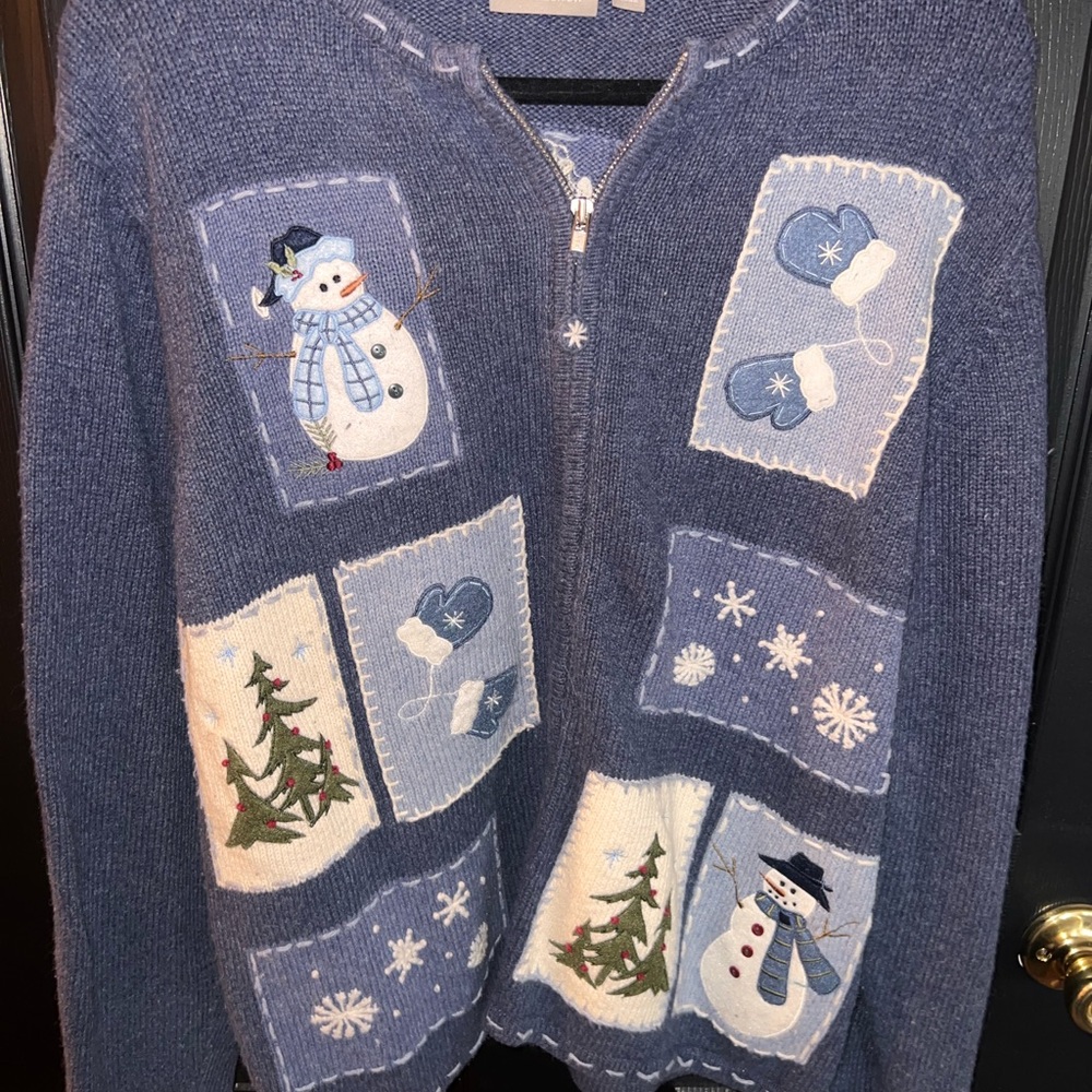 croft & barrow Blue Patchwork Snowman Zip Cardigan